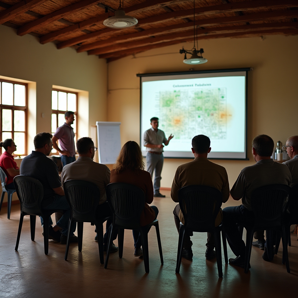 Grupo de productores rurales participando de una charla comunitaria sobre tecnología agrícola