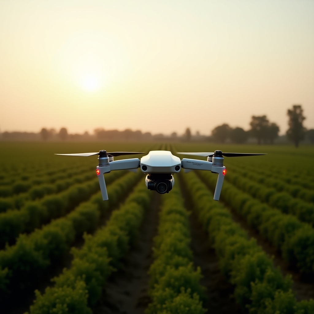 Dron agrícola sobrevolando un lote de cultivo extenso