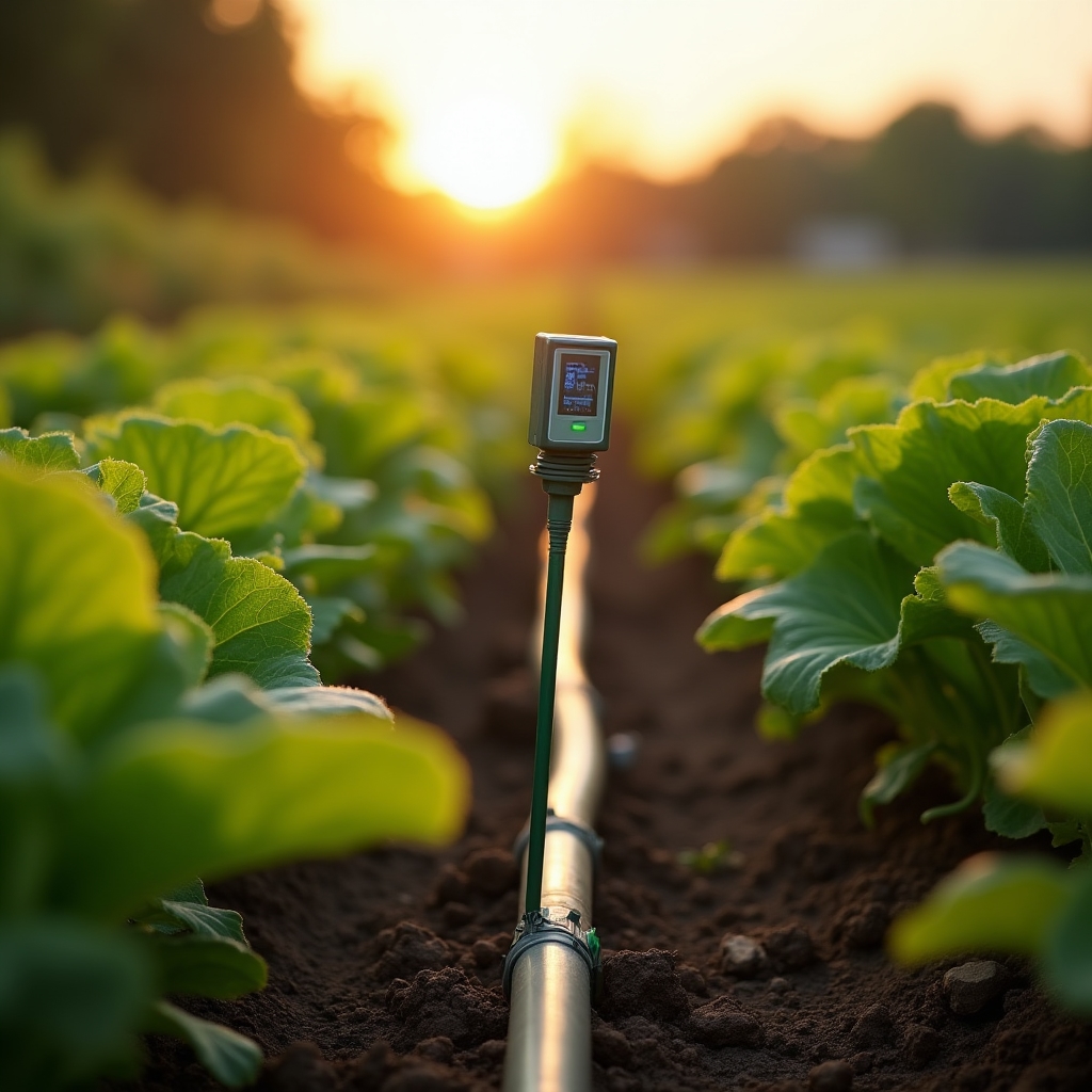 Sensor de riego instalado en un cultivo en hilera