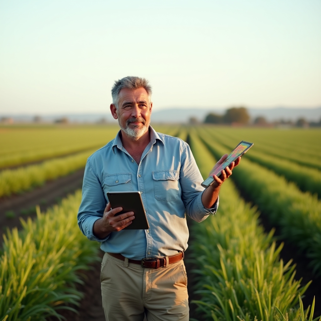 Productor revisando un tablero de agricultura de precisión en el campo