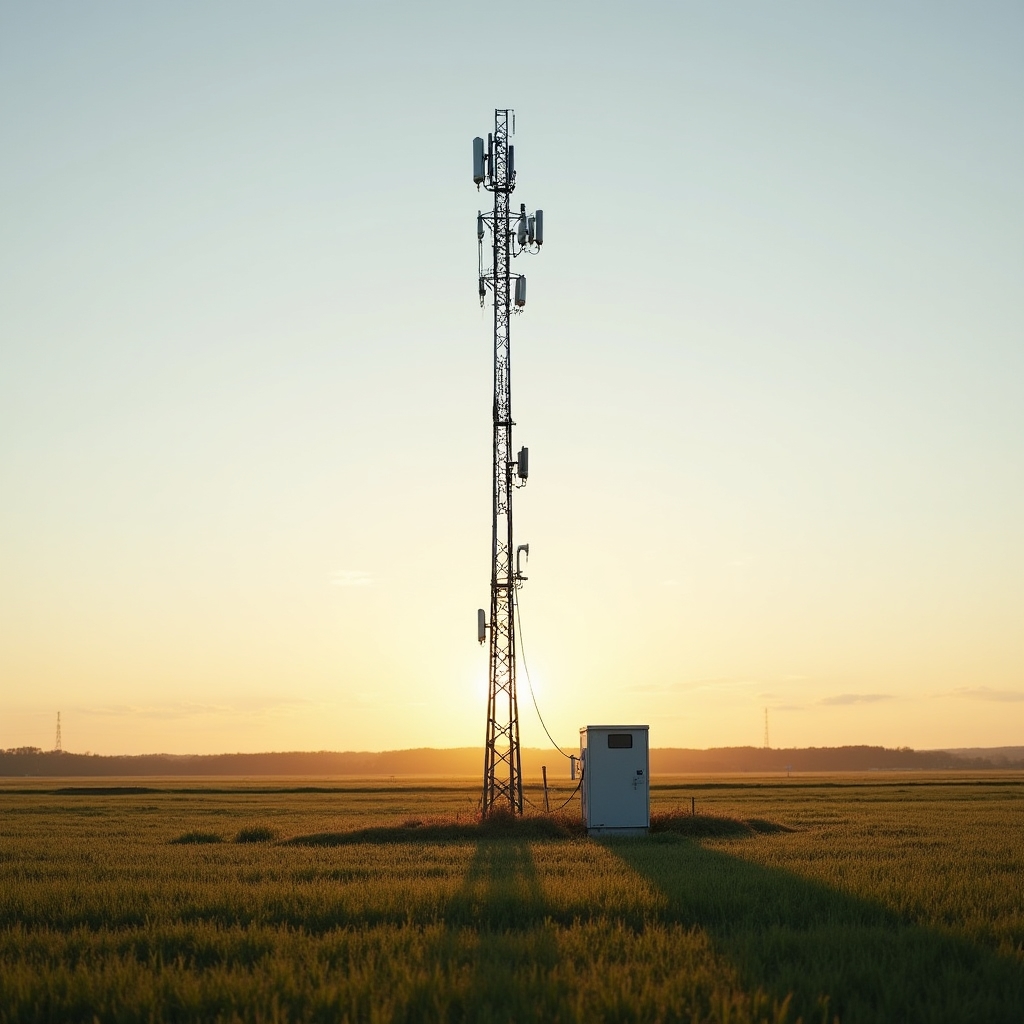Antena de conectividad rural en medio de un paisaje de campo
