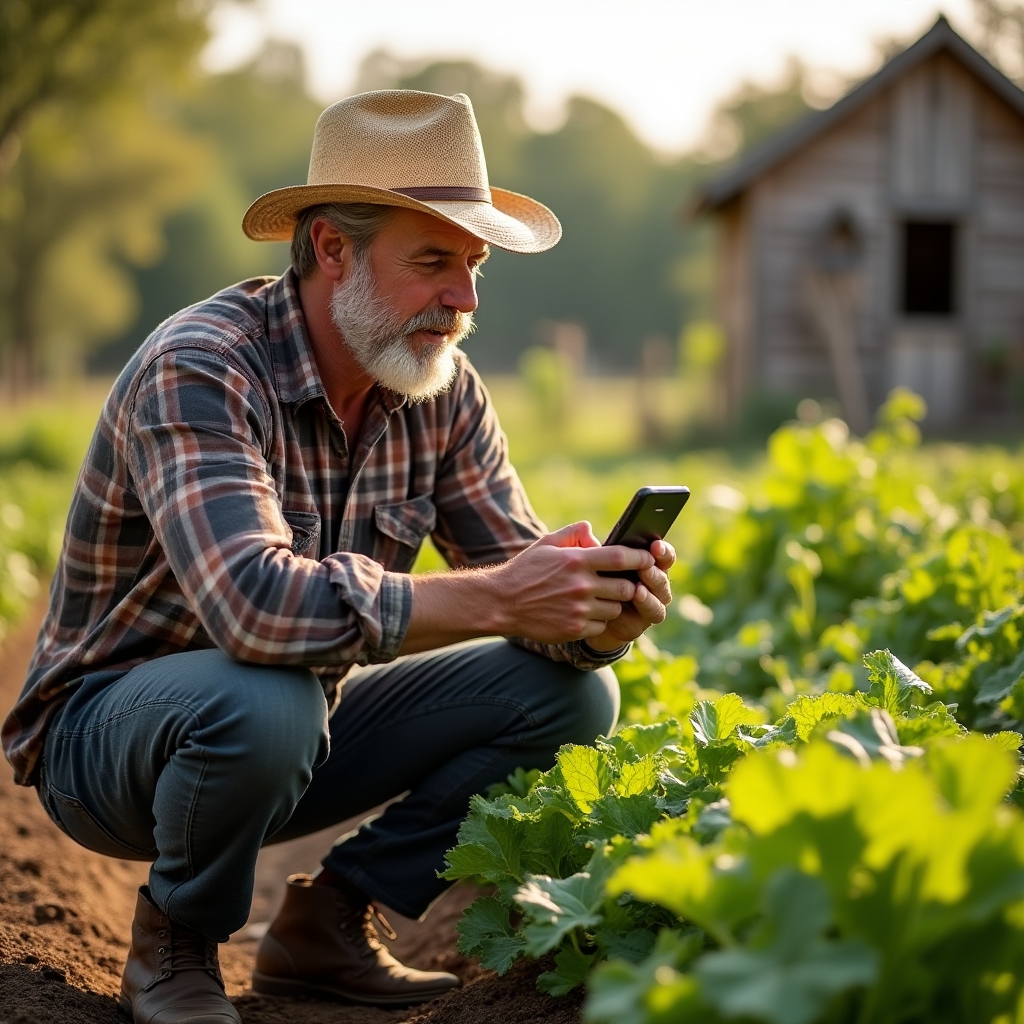 Productor rural revisando un dispositivo digital junto a un cultivo pequeño